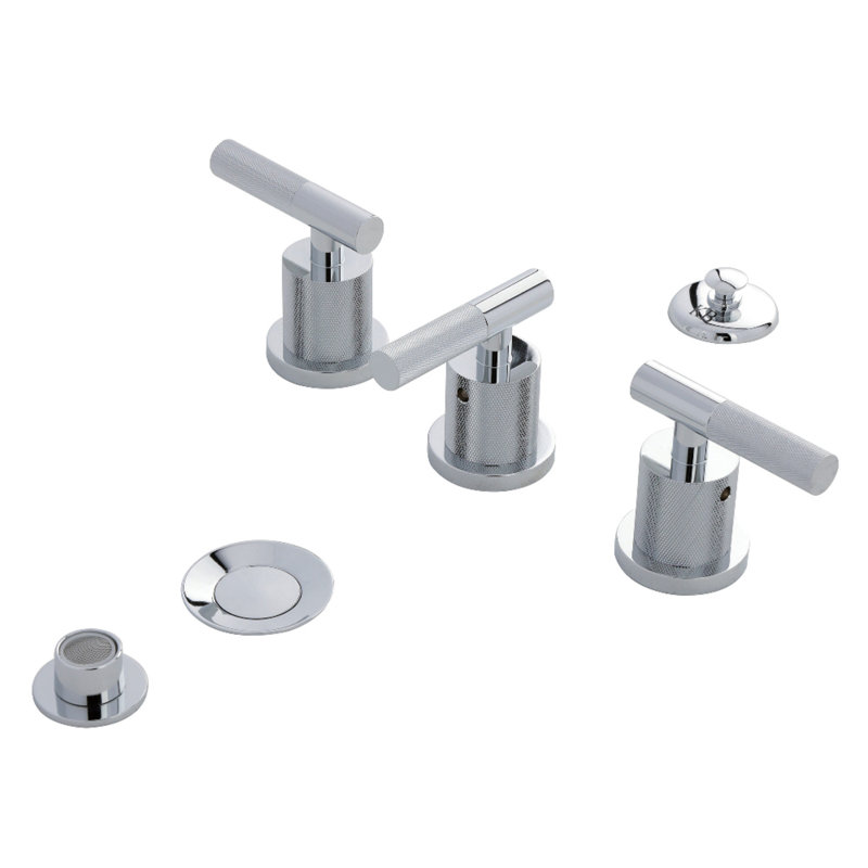 Kingston Brass Convergent Three-Handle Deck Mount Bidet Faucet With Knurled Handle And Brass Pop-Up Drain, Polished Chrome