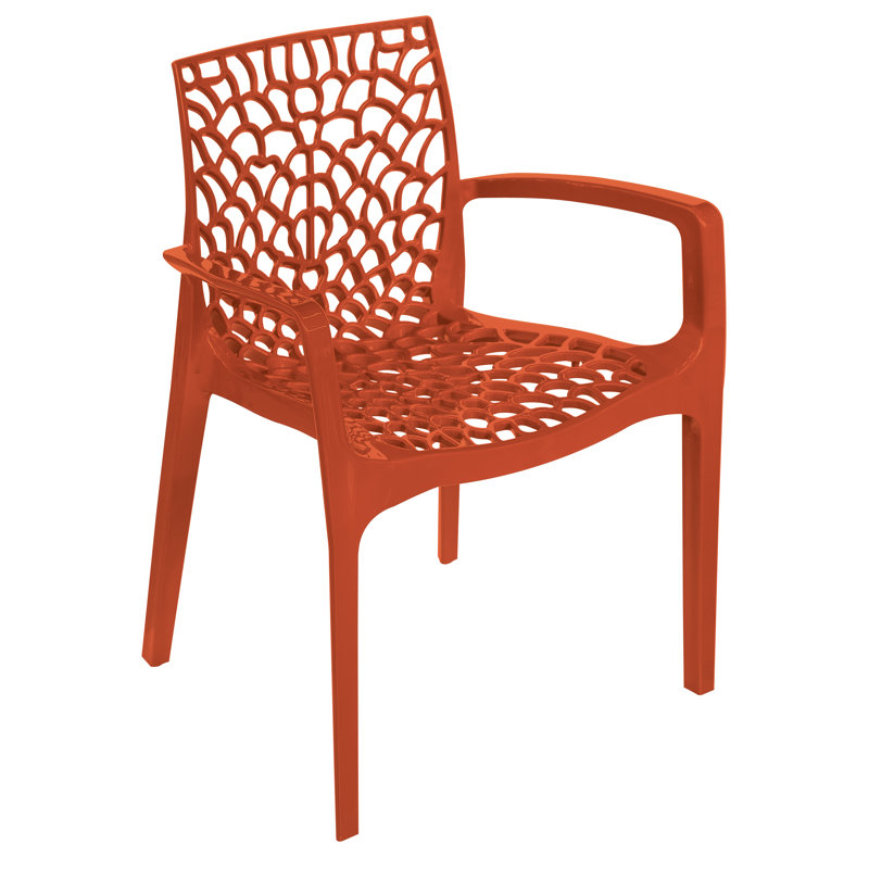 Spider Web Design Indoor Outdoor Stacking Plastic Dining Armchair in Glossy Colors -2 Chairs, Glossy Brilliant Orange