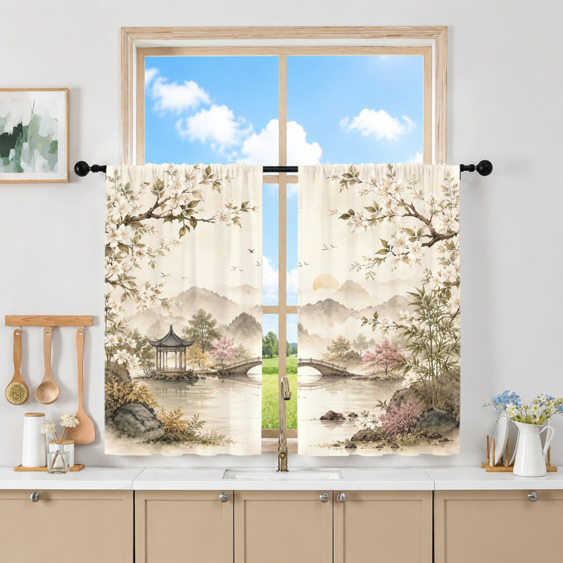 2Pcs rideaux de peinture de paysage, tissu filtrant la lumière, scène sereine avec une pagode, un pont et des arbres en fleurs, rideaux de fenêtre décoratifs pour le salon, la chambre à coucher, le balcon, la cuisine et la maison