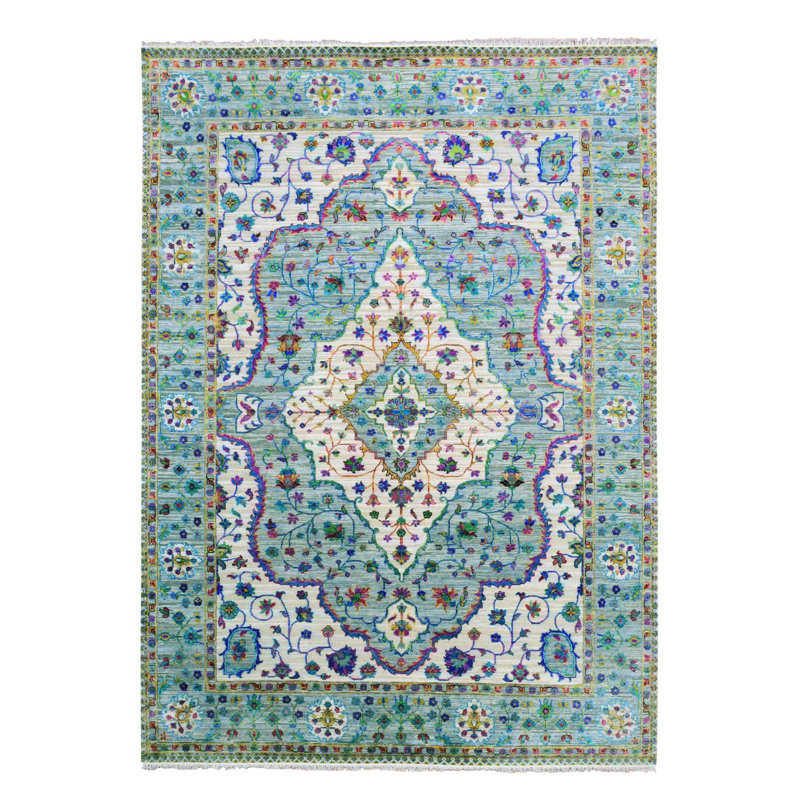 Tapis vert / blanc noué à la main de conception unique 8 pi 8 po x 12 pi nouvel âge Valry