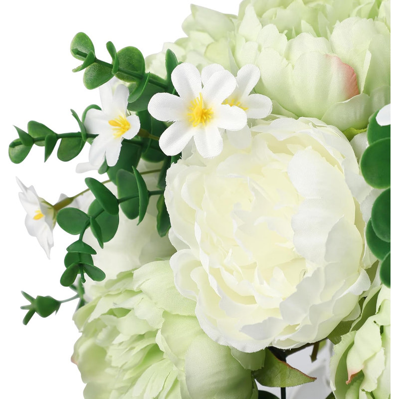 Silk Peonies in Glass Vase with Faux Water: Real Touch Table Centerpiece Decor, White