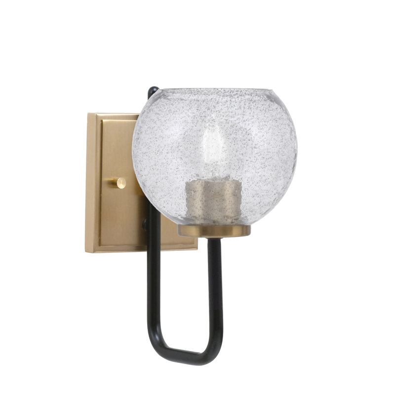 Amarmula 1 Light Wall Sconce, Matte Black & New Age Brass Finish, 5.75" Smoke Bubble Glass, Black/Brass, Clear/Black
