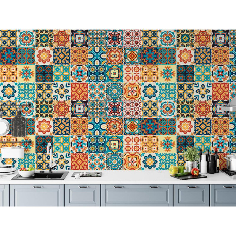 Papier peint carré amovible multicolore de style arabe et marocain, L 35,04 po x l 55 po