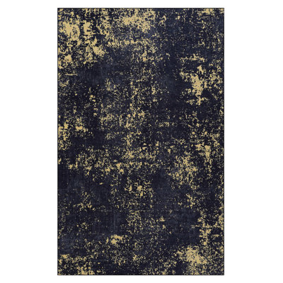 Tapis 3 x 5 à poils courts, lavable, antidérapant, antidérapant, parfait pour le bureau à domicile, la chambre à coucher, la cuisine, la salle à manger. Noir et doré sans perte de poils, espace de vie convenable, et