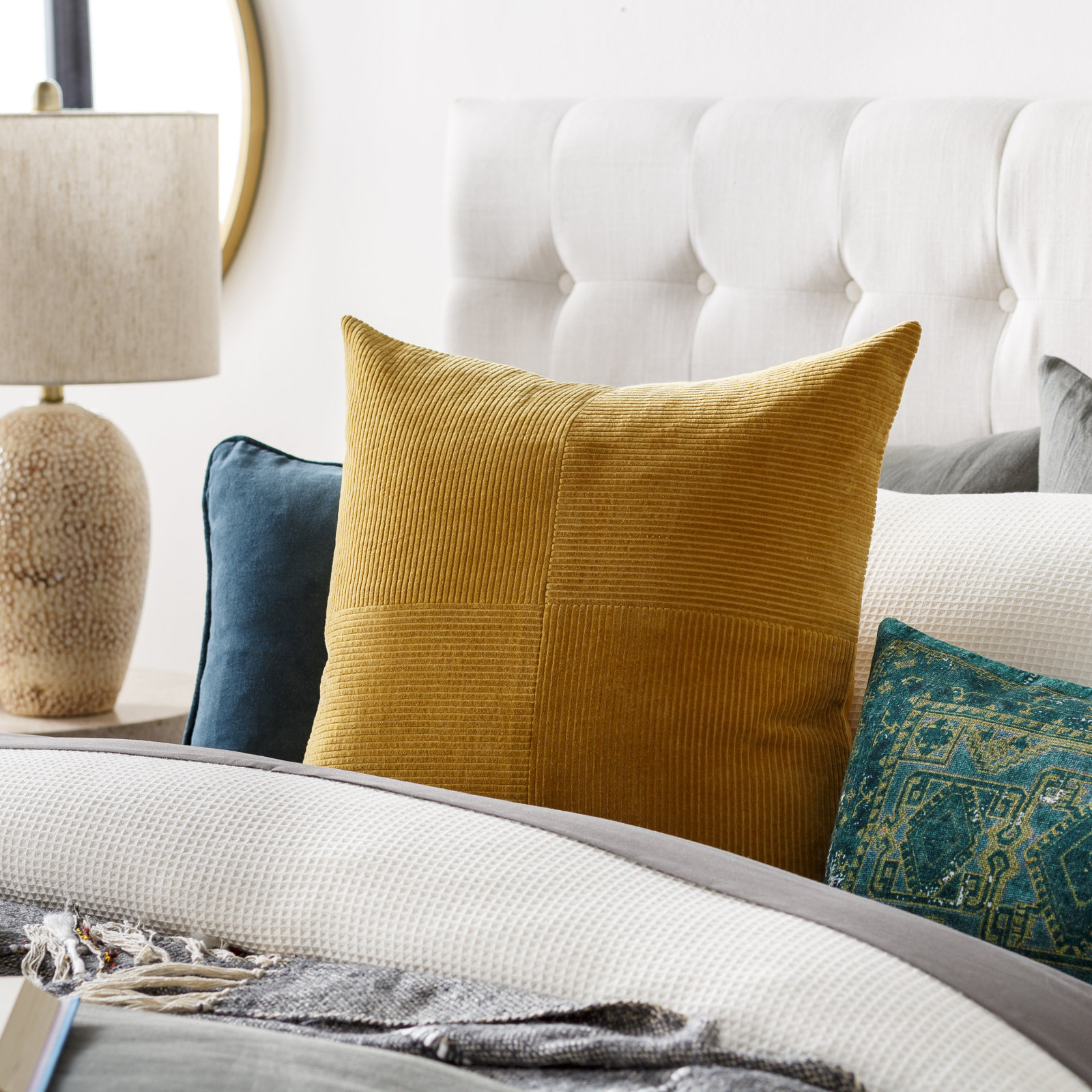 Selma Cotton Throw Pillow, 22" x 22", Mustard