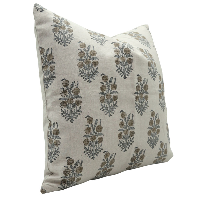 Housses de coussin en lin pur à motif de Fab Fabine, fabriquées à la main (Hajara), Floral brun, Carré, H 18 po x l 18 po