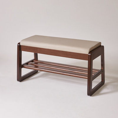 Wood Shoe Storage Bench 31.5 Inch with Premium Vegan Leather Seat