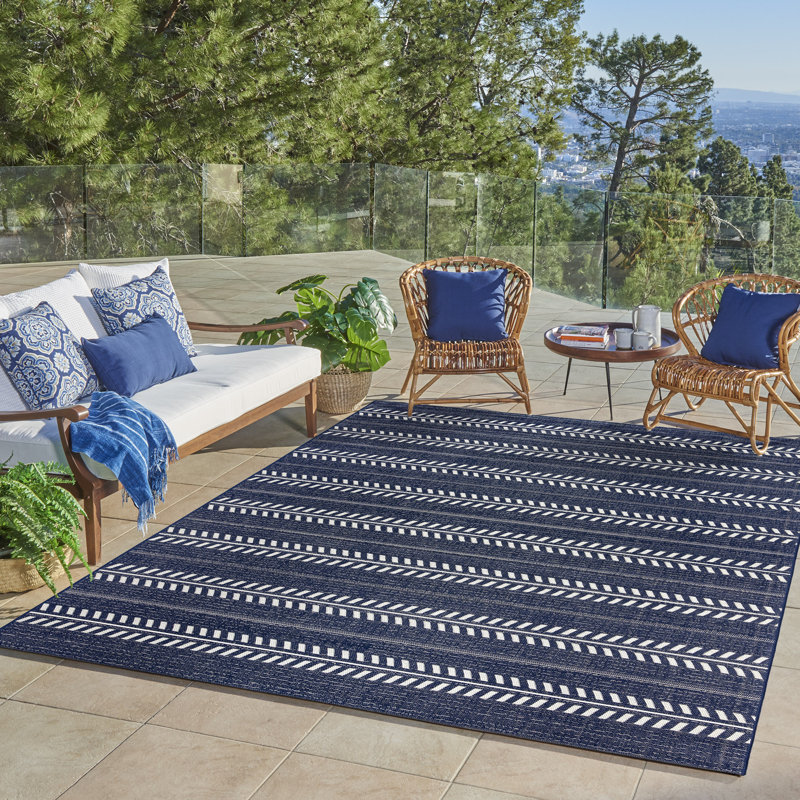 Solterra Vista Navy Blue Beige Cream Casual Botanical Stripe Flatweave Polypropylene Indoor/ Outdoor Area Rug