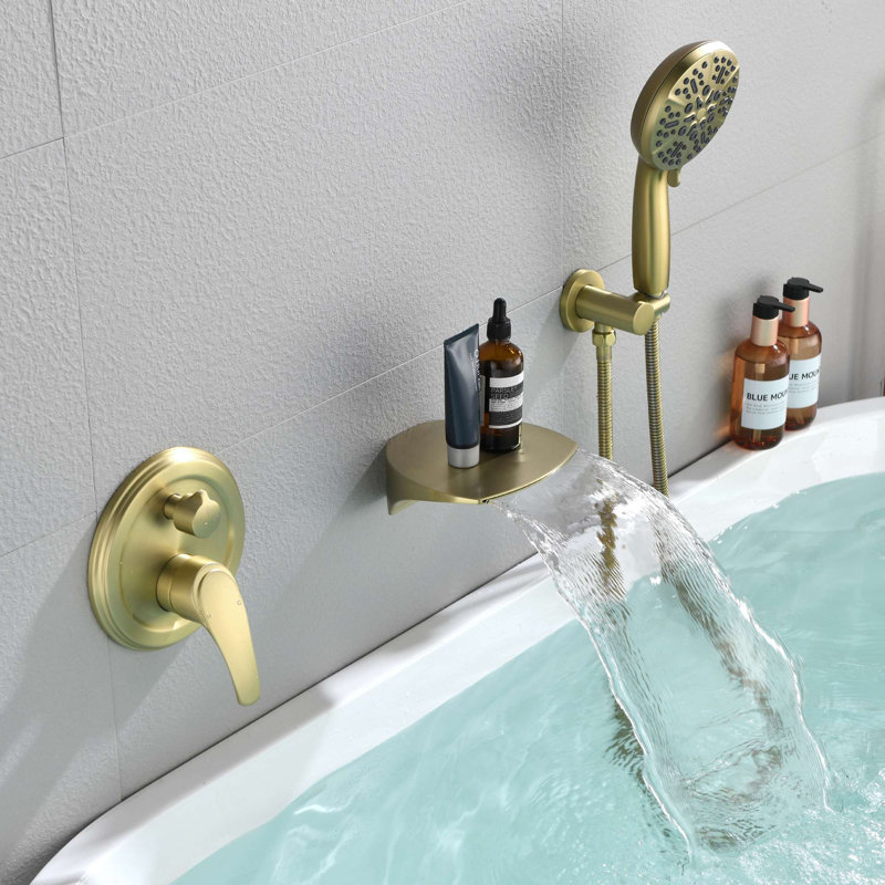 Robinet de baignoire romaine mural à poignée simple avec douche à main, Or brossé