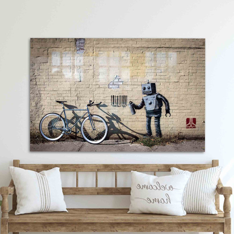 Abstrait art graffiti robot imprimé sur verre pour décoration intérieure contemporaine, H 27,6 po x l 43,3 po