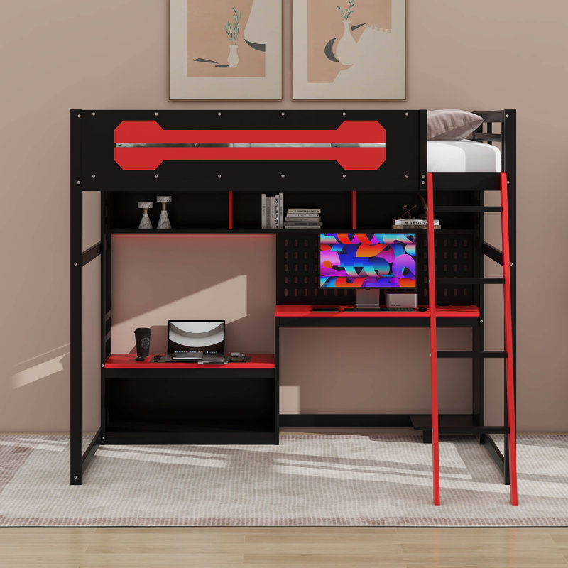 Lit mezzanine en bois pleine grandeur avec bureau et tablettes de rangement, cadre de lit mezzanine bas moderne avec lumières DEL, ports USB et panneau perforé