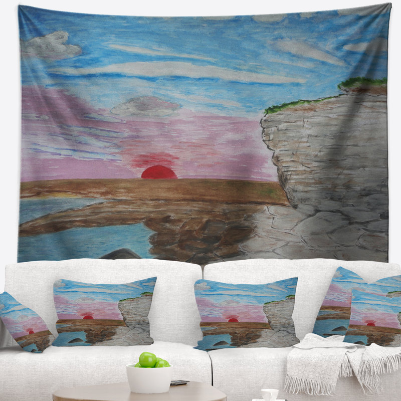 Tapisserie de bord de mer au coucher du soleil, H 32 po x l 39 po