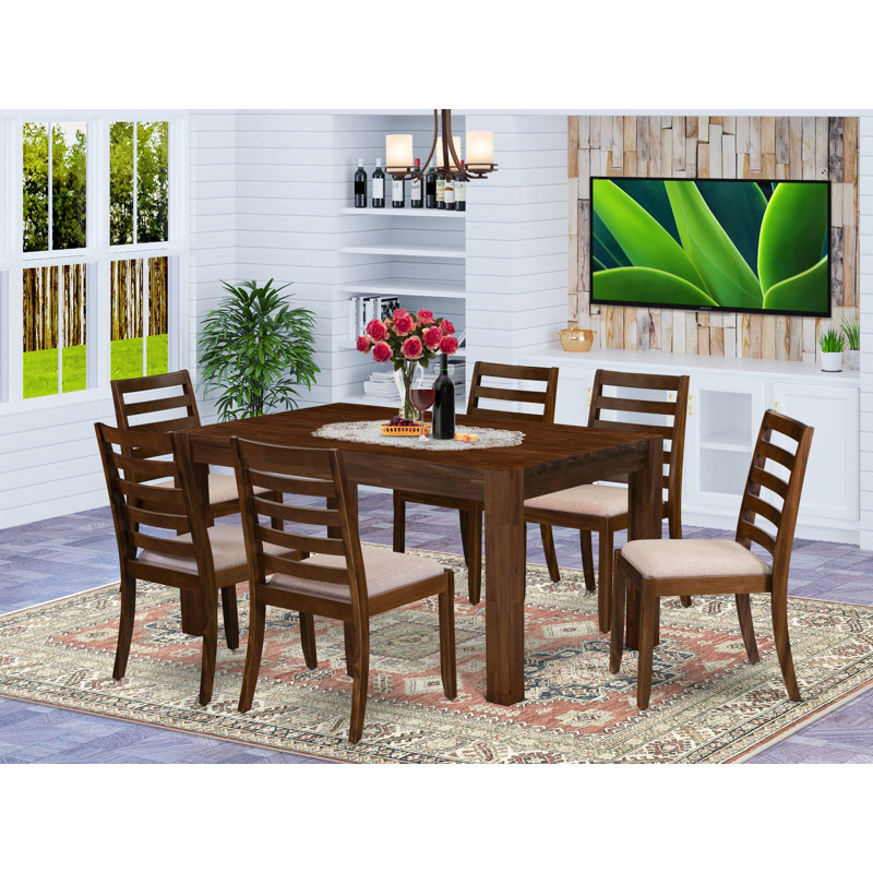 7-piece Dining Table Set consists of a Rectangular Kitchen Table and 6 Light Tan Polyester Fabric stackable Dining Chair, Antique Walnut Finish
