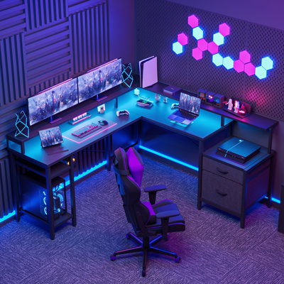 66" Reversible L Shaped Desk with File Cabinet, Computer Desk with LED Lights and Power Outlet