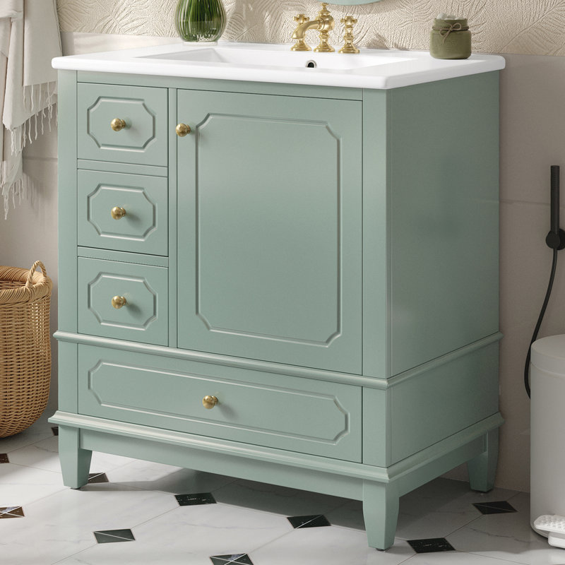 30" Freestanding Bathroom Vanity With Single Sink, 3 Drawers And Door Shelf, Vert