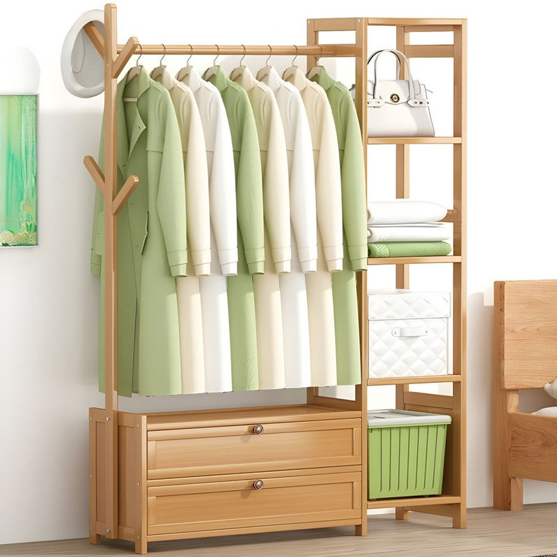 Bamboo Clothing Rack with Storage Shelves and Doors – Freestanding Wardrobe Organizer, Natural