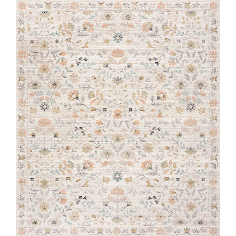 Gurpaige Traditional Oriental Cream Polyester Area Rug, Rectangle 5'3" x 7'