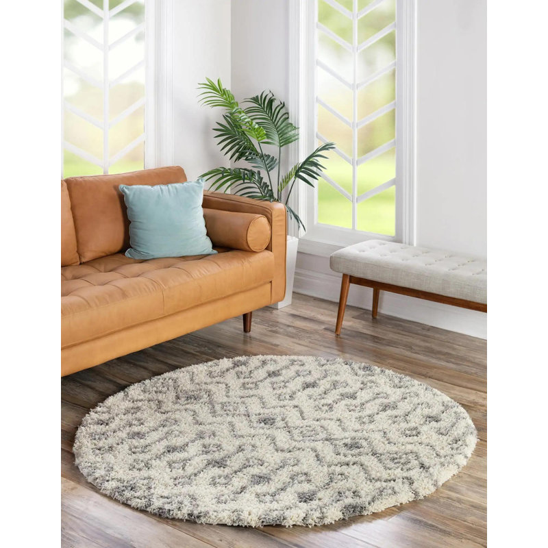 Tapis à poil long gris treillis Griego, Rond 10pi