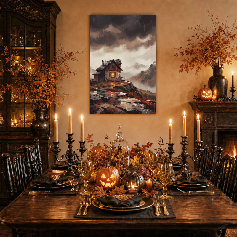 Toile murale d'Halloween « Cabane de montagne avec fenêtre lumineuse sous la pluie », 18"H x 12"W