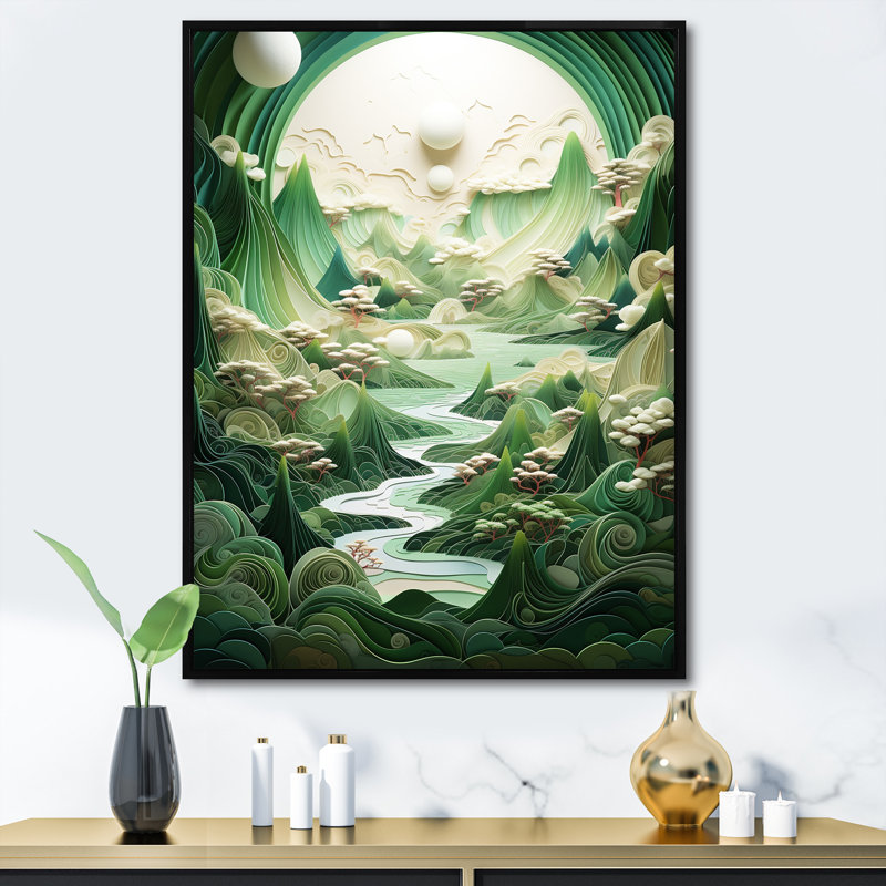 Fantaisie, émeraude, lévitation, paysages sur toile, Cadre flottant noir, H 32 po x l 24 po x P 1 po