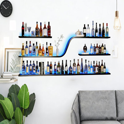 Modern Wall Mounted Wine Rack With Blue LED Light, 3-Tiers Metal Curved Bar Liquor Bottles Display Shelf, Large Floating Bar Shelves Storage For Home