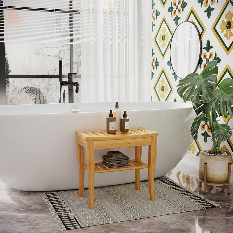 Modern Bamboo Shower Bench with Underneath Storage and Stable Construction