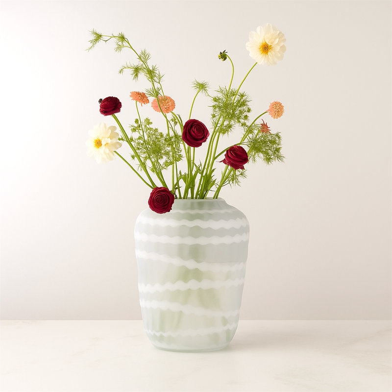 Vase en verre sculpté avec rayures verticales, H 13,5 po x l 10,5 po x P 9,75 po