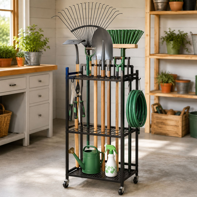 Porte-outils de jardin roulant, support de rangement métallique pour outils de jardin avec roulettes, crochets et pieds réglables