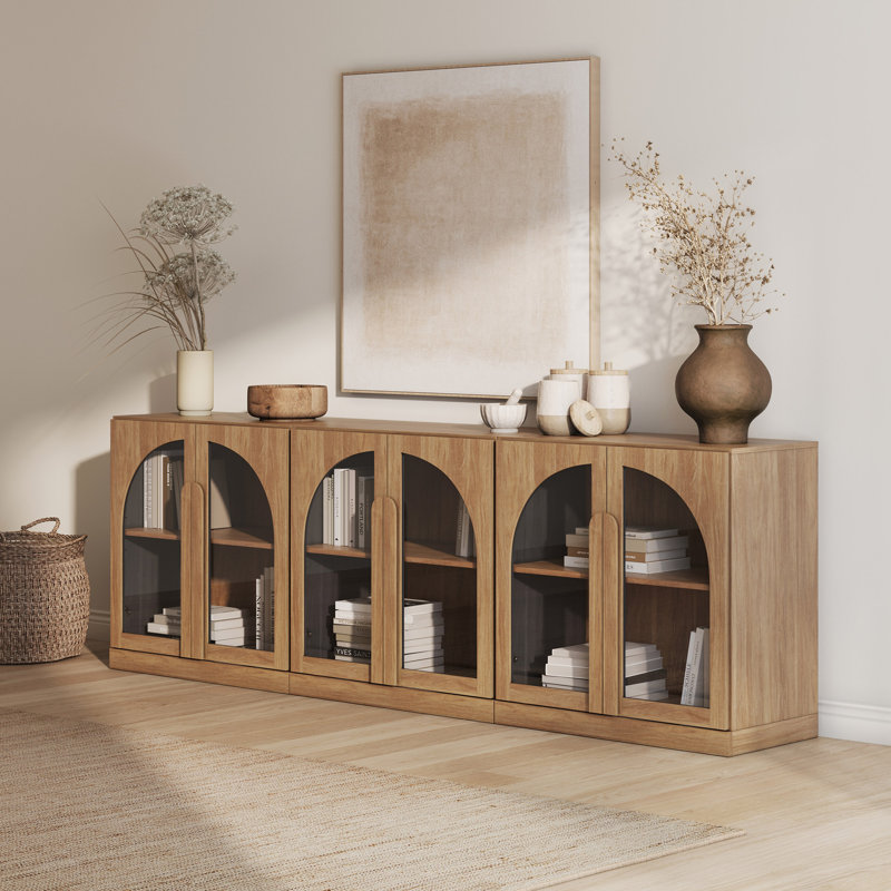 Ensemble de 3 armoires arquées avec portes et tablette en verre, brun clair, Chameau