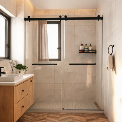 60 inch x 72 inch Black Frameless Double Sliding Shower Door with 3/8 inch Tempered Glass and Stainless Steel Hardware