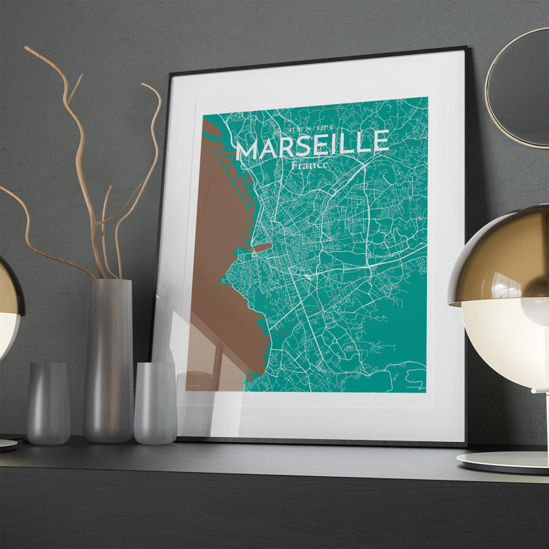 «Marseille City Map», impression, H 20 po x l 16 po, Vert / Brun