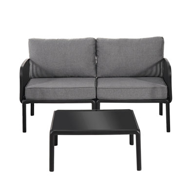 3 Piece Patio Conversation Sets, Modern Outdoor Patio Sectional Furniture Set With Square Coffee Table, Waterproof Thick Cushion Deep Seating For Porch, Balcony, Black & Dark Gray