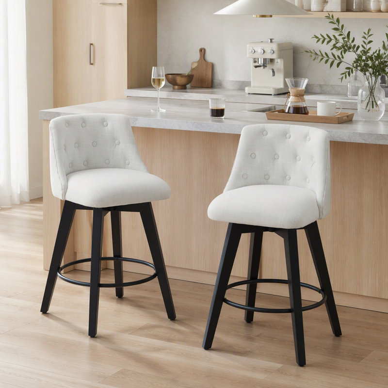 Chaises de comptoir pivotantes, tissu en lin moderne avec dossier capitonné, tabourets de bar élégants, ensemble de 2 pour bar, îlot de cuisine, salle à manger, blanc