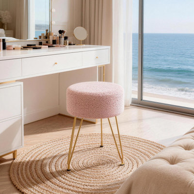 Modern Round Vanity Stool with 3 Metal Legs, Multiuse Foot Rest for Makeup Room Bedroom