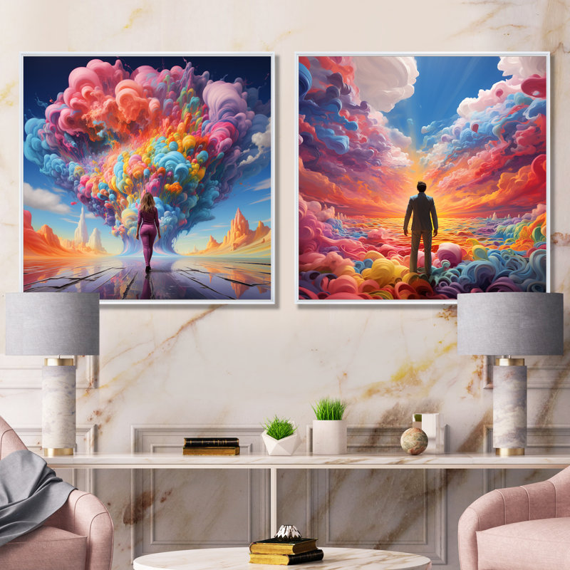 «Man Into The Rainbow», ensemble de 2 impressions sur toile surréalisme, Cadre blanc, H 30 po x l 61 po x P 1 po