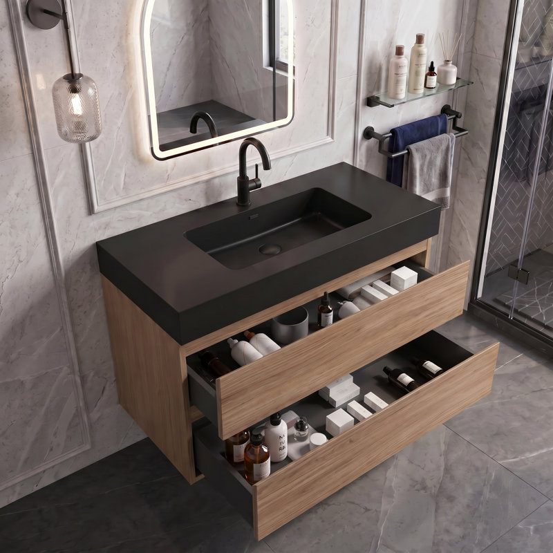 Meuble-lavabo flottant 36 po en noyer brun avec lavabo, meuble-lavabo mural pré-assemblé avec grand rangement, lavabo une pièce noir sans bonde ni robinet