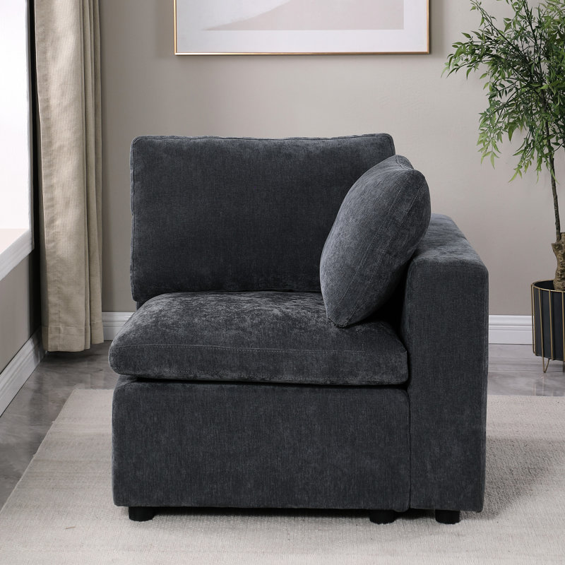 Modular In Chenille Grey, Right Armchair, Comfortable And Fashionable Design Grey Chenille, Seating With Solid Wood Frame