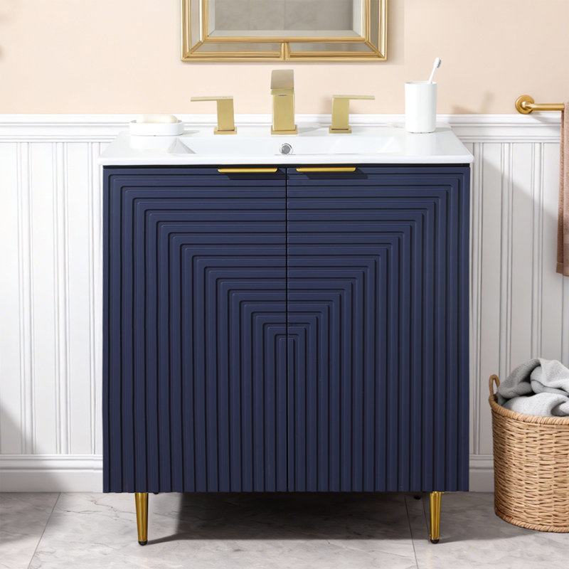 30" Modern Free-Standing Single Bathroom Vanity with Integrated Ceramic Top & Double-Door 2-Tier Storage - Blue, Blue