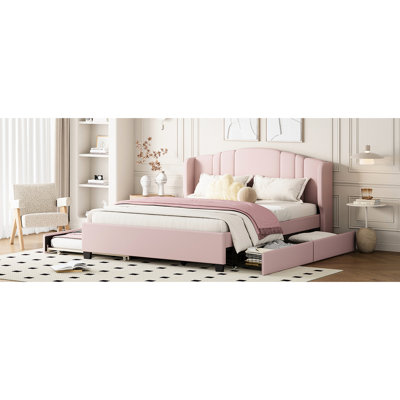 Queen Upholstered Platform Bed With Soft Pink Wingback Headboard - No Box Spring, 2 Drawers & Trundle For Comfortable Bedroom Elegant Headboard, Twin Graceful Decoration