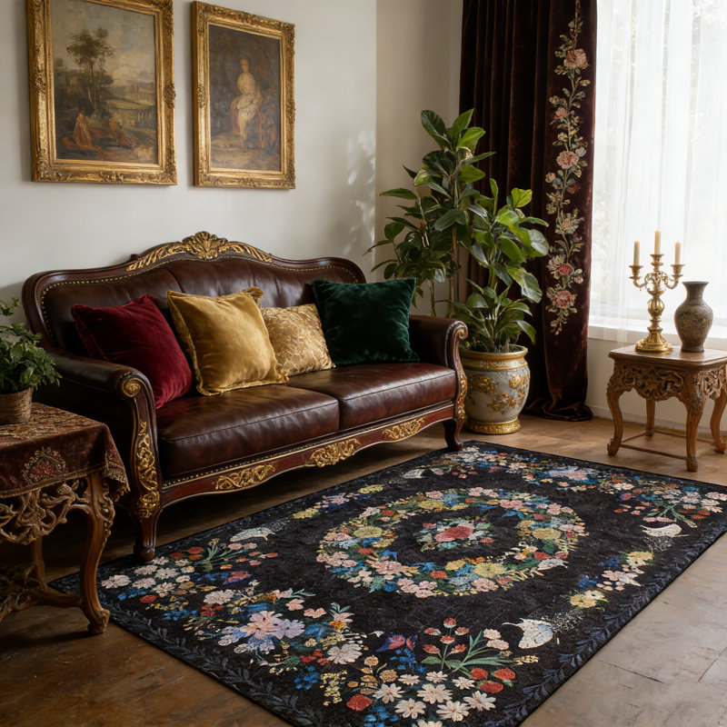 Tapis d'intérieur noir à motif floral lavable, Rectangle 5 pi x 7 pi