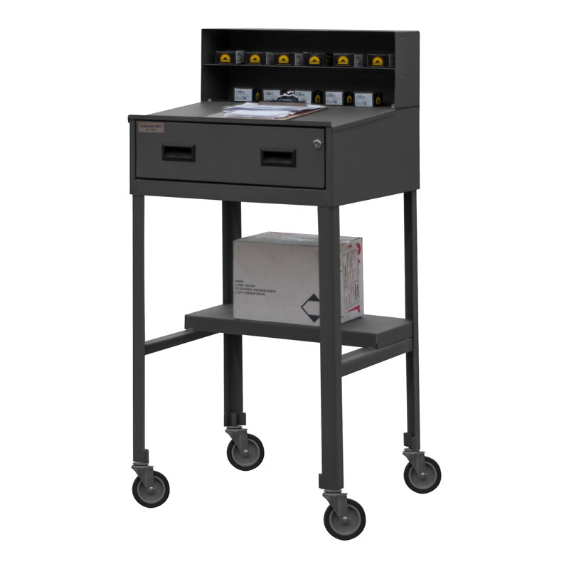 Gray Industrial Metal Utility Cart with Drawer and Wheels