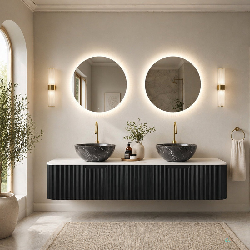 Meuble-lavabo de salle de bain 60 po avec lavabos, 2 tiroirs, 2 cuves en céramique avec motif de pierre, pré-assemblé, Noir