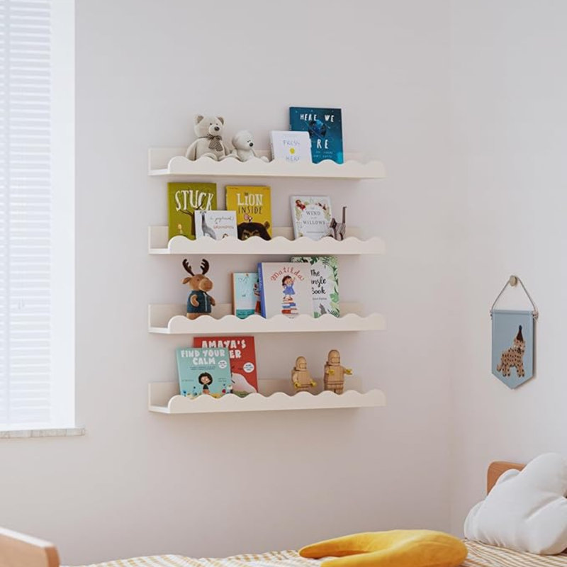 Floating Wall Shelves 17” White Metal 4 Pack, Durable Nursery, Bathroom, Bedroom, Playroom Storage & Display