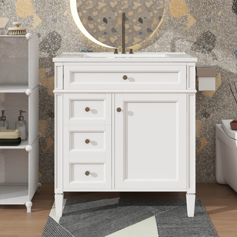 Meuble-lavabo innovant de 30 po avec lavabo, comprenant 2 tiroirs, une armoire et un tiroir supplémentaire, Blanc