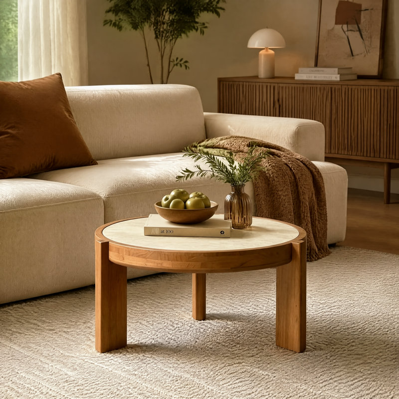 Table basse ronde de style Mid-Century de 80 cm (31,5 po), dessus en pierre frittée et structure en bois massif