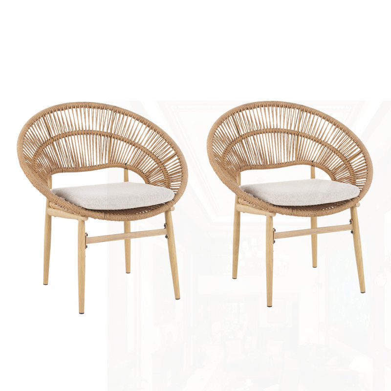 Ensemble de 2 chaises d'extérieur en osier, Coussin beige / structure brun clair