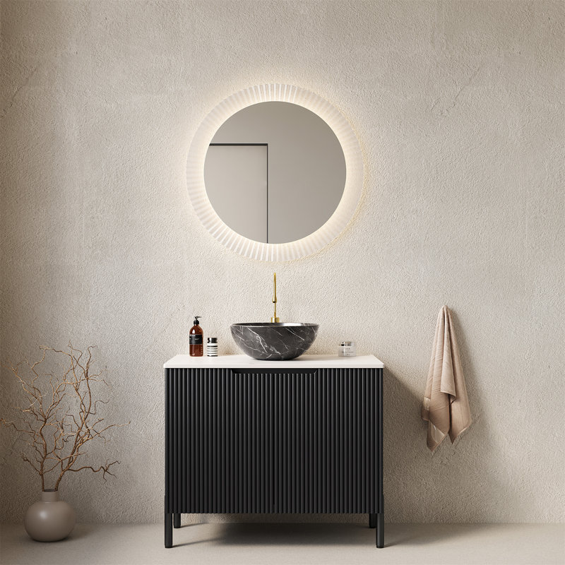 Meuble-lavabo de salle de bain 30 po avec lavabo, meuble de rangement autoportant pour salle de bain avec vasque en céramique à 2 portes avec motif en pierre et comptoir en pierre frittée blanc de Carrare, sans couleur de robinet