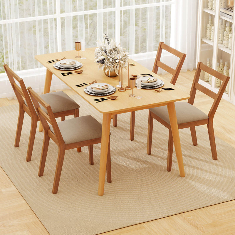 Wooden Dining Chair Set of 4 Upholstered Seat & Breathable Slat Backrest, 4