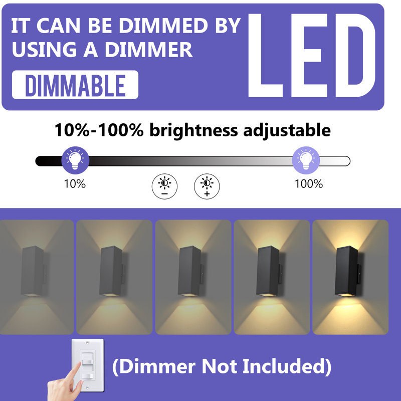 Modern Dimmable Led Outdoor Wall Light, Aluminum Rectangular Waterproof Wall Sconce Porch Light With Up Down Light And Tempered Glass 12W 2700K Wall Sconce