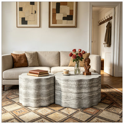 Ensemble de 2 tables basses rondes à motif de faux Mars, design minimaliste moderne pour les salons et les bureaux